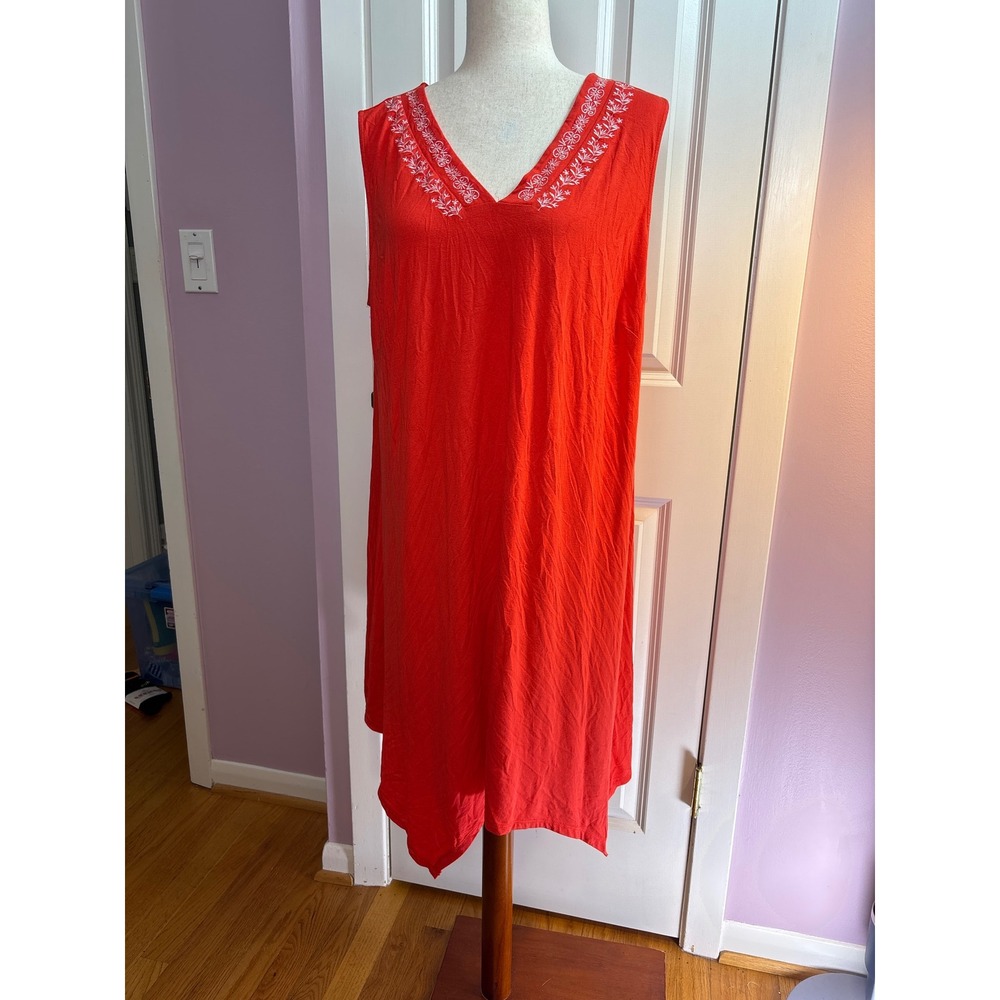 Adrianna Papell Spicy Orange Embroidered V-Neck Handkerchief Hem Dress 1X NEW